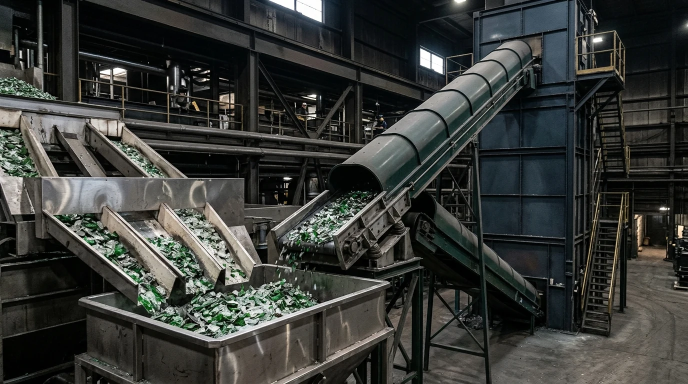 Glass cullet batch handling plant with sealed chutes and bucket elevator