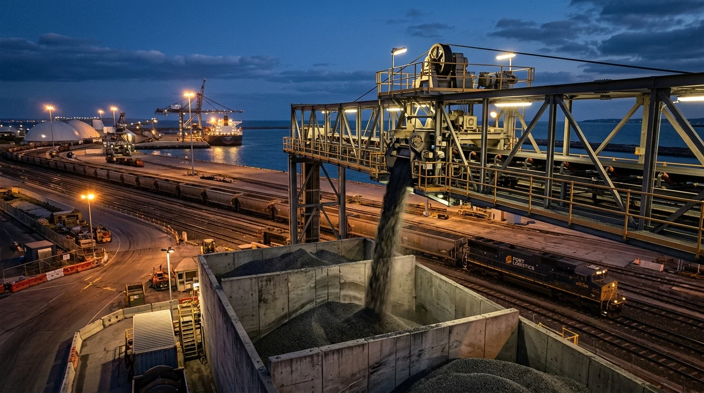Port and rail bulk terminal with high-tonnage shuttle conveyor and tripper carriage