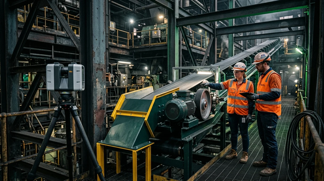 Industrial engineers surveying a conveyor modernisation project with 3D laser scanner